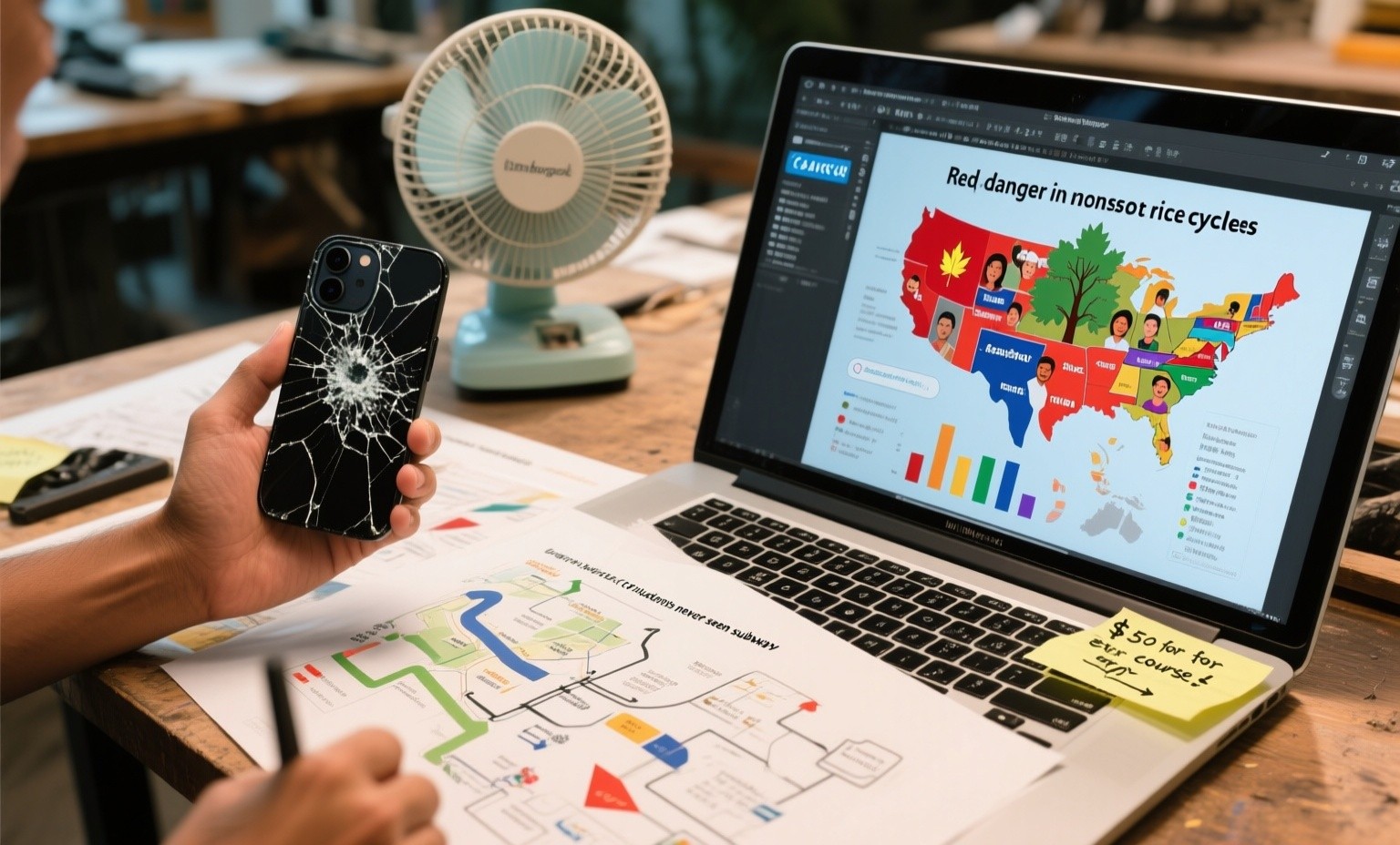 Documentary photo, cracked phone camera, Bangkok design workshop with one working fan. Graphic designer adapting US infographic on laptop, changing "maple tree seasons" to "monsoon rice cycles". Original showing diverse American faces, designer googling "free Southeast Asian stock photos". Visible struggle: color symbolism chart "Red=danger in US, Red=luck here". Photoshop crashing, using free Canva instead. Printed materials showing before/after: complex flowchart simplified to basic arrows because "rural students never seen subway map". Budget reality: sticky note "$50 for entire course graphics". Designer explaining to American coordinator via WhatsApp why left-to-right reading assumption wrong for some regions. Pirated software warning popup ignored. Workspace: instant noodles, energy drinks, deadline tomorrow for 200 images. Hand-drawn alternatives when digital fails. Cultural advisor pointing "This hand gesture offensive in Thailand". Real localization exhaustion at 3AM --ar 16:9 --q 2 --stylize 250 --v 6 --no professional studio perfect software legal licensed staged readable text HDR